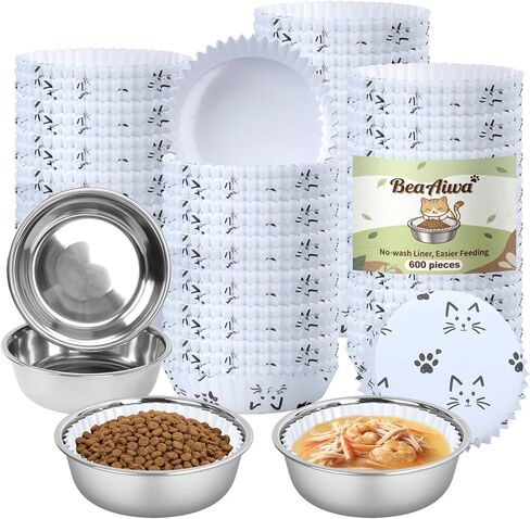 Disposable Cat Food Bowl Set(600 Pcs Cat Bowls Liners + 4 Pcs Stainless Steel Pet Bowls) Bulk Disposable Pet Food Bowls for Feeding Dry or Wet Food to Cats Puppy Small Dogs(Adorable Cat Faces Design) in Kuwait