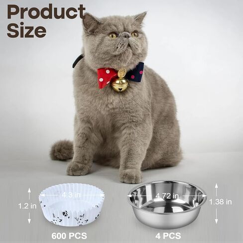 Disposable Cat Food Bowl Set(600 Pcs Cat Bowls Liners + 4 Pcs Stainless Steel Pet Bowls) Bulk Disposable Pet Food Bowls for Feeding Dry or Wet Food to Cats Puppy Small Dogs(Adorable Cat Faces Design) in Kuwait