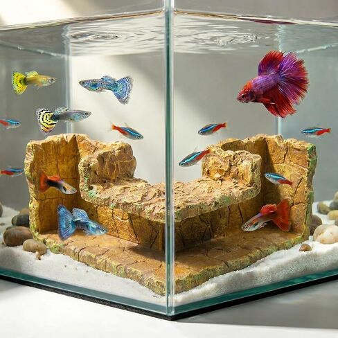 Aquarium Cave - Natural Resin Wood-Like Fish Tank Decorations & Accessories, 5.1" x 2" x 2.7" Safe Betta Hide & Tunnel for Guppy, Neon Tetra, Corydoras Catfish - Stackable Corner Ornament in Kuwait