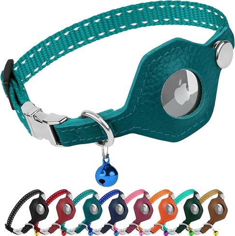 Reflective AirTag Cat Collar with Metal Buckle - Leather Soft Non Breakaway Cat Collars with Apple Air Tag Holder and Bell - Tracking GPS Secure Pet Collars for Cats Kitten Puppy (Pink) in Kuwait