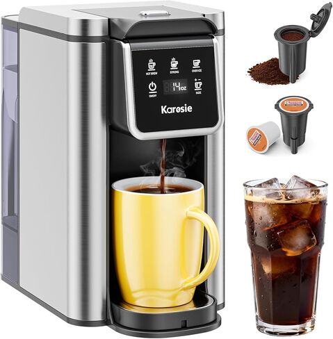 K Cup Coffee Maker, Hot & Iced Coffee Maker for K Cup and Grounds, 6-14 Oz Brew Sizes, 50oz Removable Tank, Single Cup Coffee Maker with Descaling Reminder, Stainless Steel, Black in Kuwait