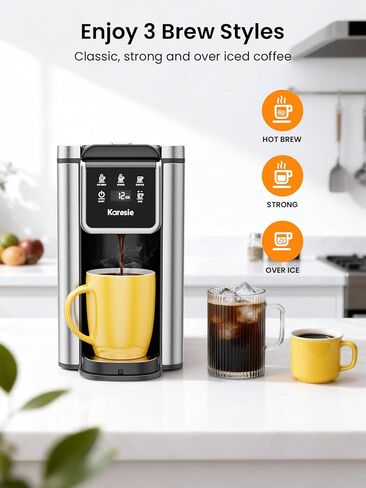 K Cup Coffee Maker, Hot & Iced Coffee Maker for K Cup and Grounds, 6-14 Oz Brew Sizes, 50oz Removable Tank, Single Cup Coffee Maker with Descaling Reminder, Stainless Steel, Black in Kuwait