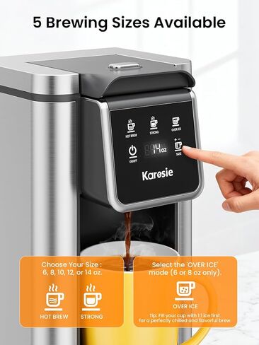 K Cup Coffee Maker, Hot & Iced Coffee Maker for K Cup and Grounds, 6-14 Oz Brew Sizes, 50oz Removable Tank, Single Cup Coffee Maker with Descaling Reminder, Stainless Steel, Black in Kuwait