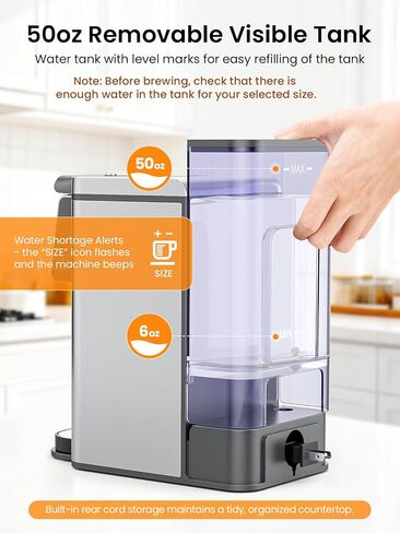 K Cup Coffee Maker, Hot & Iced Coffee Maker for K Cup and Grounds, 6-14 Oz Brew Sizes, 50oz Removable Tank, Single Cup Coffee Maker with Descaling Reminder, Stainless Steel, Black in Kuwait