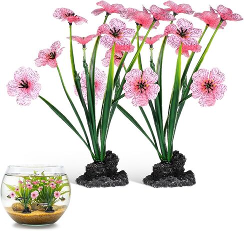 Toddmomy 2Pcs Pink Silk Aquarium Plants, 7.47 Inch Realistic Betta Fish Tank Decorations, Artificial Aquatic Plants for Desktop Freshwater Saltwater Tanks in Kuwait