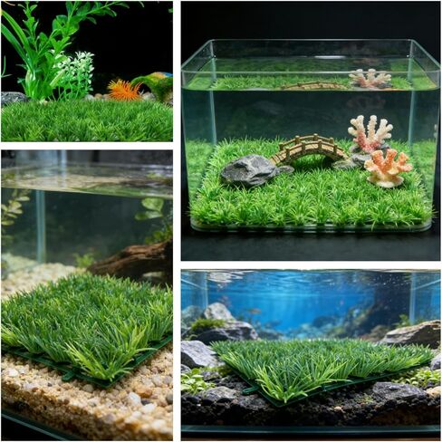 حوض السمك ديكور العشب السلطعون الناسك تسلق الجدار 2PCS 9 "× 9" حصيرة العشب البلاستيكية الاصطناعية مع 8 أكواب شفط، المناظر الطبيعية تحت الماء لخزانات الأسماك، تررم الزواحف in Kuwait
