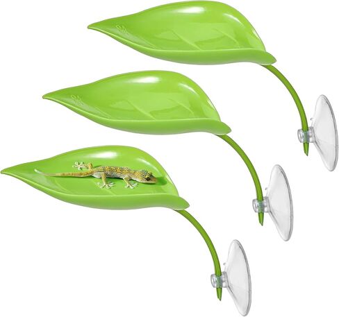 3 Pcs Crested Gecko Tank Accessories, Plastic Reptile Leaf Plant Ornament with Suction Cup Wall Climbing Gecko Hide Reptile Hide for Turtle Tank Decorations(Green) in Kuwait