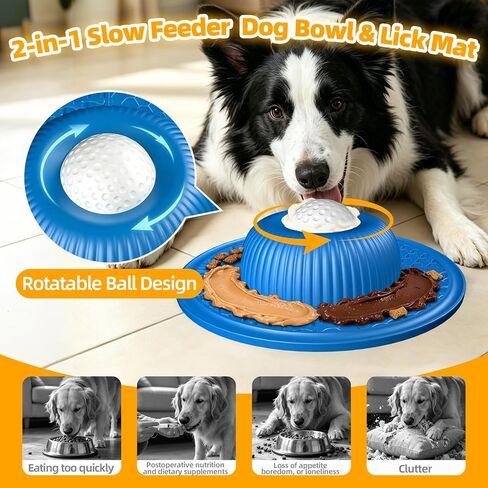 2-in-1 Dog Slow Feeder Bowl & Lick Mat with 2 Rotatable Balls, No-Slip Silicone Anxiety Relief Treat Mat for Dogs & Cats, Dishwasher Safe (Blue) in Kuwait