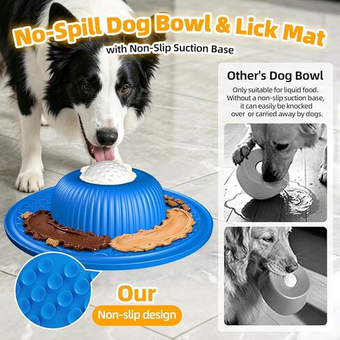 2-in-1 Dog Slow Feeder Bowl & Lick Mat with 2 Rotatable Balls, No-Slip Silicone Anxiety Relief Treat Mat for Dogs & Cats, Dishwasher Safe (Blue) in Kuwait