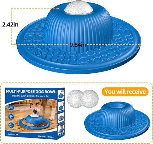 2-in-1 Dog Slow Feeder Bowl & Lick Mat with 2 Rotatable Balls, No-Slip Silicone Anxiety Relief Treat Mat for Dogs & Cats, Dishwasher Safe (Blue) in Kuwait