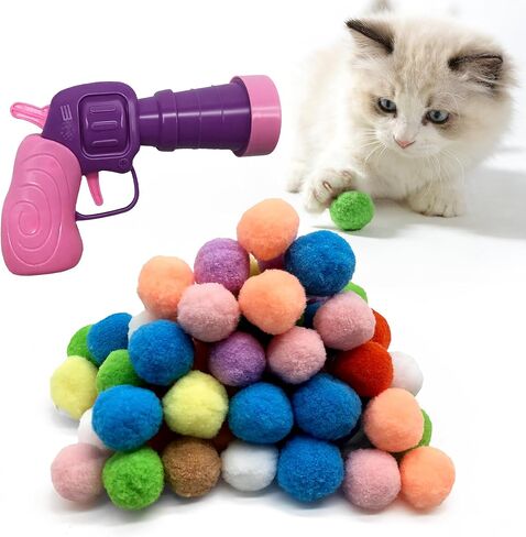 Cat Fetch Toy Launcher with 50 Colorful Pom Pom Balls, Cat Balls Fetch Toy Interactive Manual Thrower for Cats, Funny Cat Toy Gun for Bored Indoor, Pink and Purple (13 cm) in Kuwait