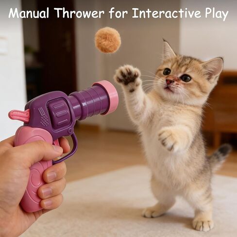 Cat Fetch Toy Launcher with 50 Colorful Pom Pom Balls, Cat Balls Fetch Toy Interactive Manual Thrower for Cats, Funny Cat Toy Gun for Bored Indoor, Pink and Purple (13 cm) in Kuwait