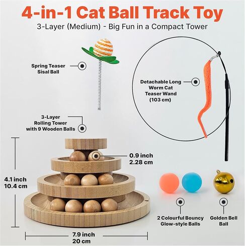 Cat Toy Ball Track with 2 Teasers, 3-Level Cat Ball Tower, 4-in-1 Kitty Toys, 9 Wooden Balls, Worm Wand, Spring Teaser Ball, 2 Glow Balls, Kitten Toy Interactive, Mental Physical Exercise, Medium Size in Kuwait