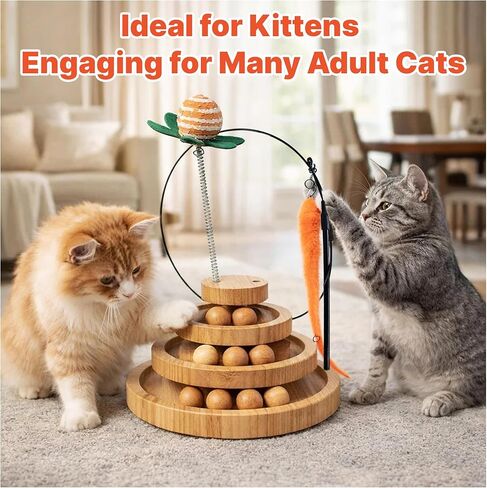 Cat Toy Ball Track with 2 Teasers, 3-Level Cat Ball Tower, 4-in-1 Kitty Toys, 9 Wooden Balls, Worm Wand, Spring Teaser Ball, 2 Glow Balls, Kitten Toy Interactive, Mental Physical Exercise, Medium Size in Kuwait