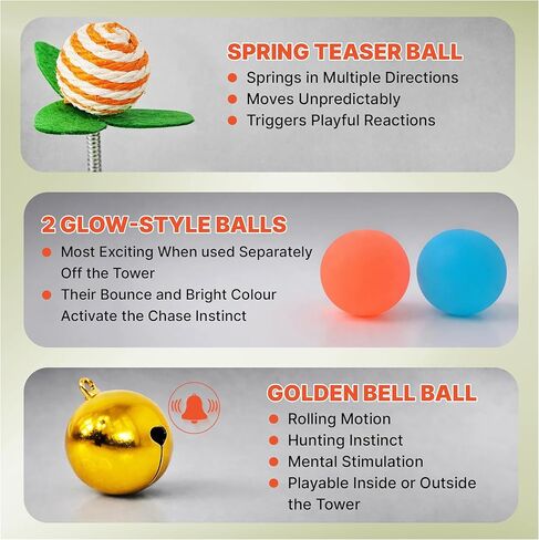 Cat Toy Ball Track with 2 Teasers, 3-Level Cat Ball Tower, 4-in-1 Kitty Toys, 9 Wooden Balls, Worm Wand, Spring Teaser Ball, 2 Glow Balls, Kitten Toy Interactive, Mental Physical Exercise, Medium Size in Kuwait