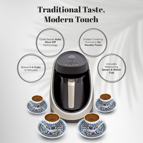 ETHNIQ Turkish Coffee Maker - 100% BPA Free, 120V, 1 to 4 Cup Brewing Capacity with Cook Sense Technology for Delicious Cup of Turkish & Greek Coffee, Turkish Coffee Pot - Black in Kuwait