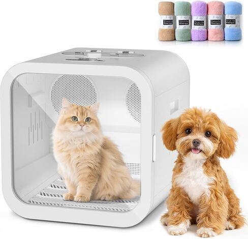 Automatic Pet Hair Dryer Box, 70L Dual Motor Fans Blower for Small Dogs and Cats, 360° Drying, Temperature Control, Self-Dryer Boxes with 4 Adjustable Speed Settings & 5 Drying Modes, 5 Towels, White in Kuwait