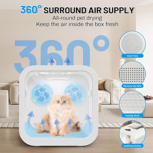 Automatic Pet Hair Dryer Box, 70L Dual Motor Fans Blower for Small Dogs and Cats, 360° Drying, Temperature Control, Self-Dryer Boxes with 4 Adjustable Speed Settings & 5 Drying Modes, 5 Towels, White in Kuwait