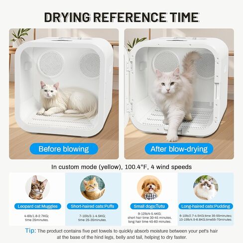Automatic Pet Hair Dryer Box, 70L Dual Motor Fans Blower for Small Dogs and Cats, 360° Drying, Temperature Control, Self-Dryer Boxes with 4 Adjustable Speed Settings & 5 Drying Modes, 5 Towels, White in Kuwait