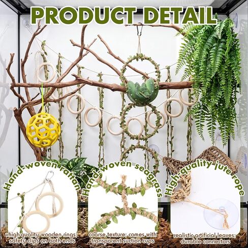 Nuogo 3 Pcs Snake Climbing Vines Climbing Rings Woven Hammock Reptile Enrichment Accessories Reptile Tank Cage Decor Habitat Accessories for Corn Snakes, Bearded Dragon, Chameleon, Lizard in Kuwait