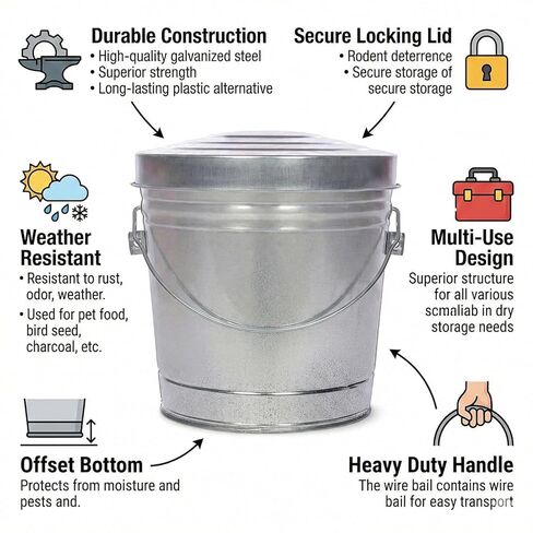 6 Gallon Galvanized Steel Storage Can with Locking Lid – Heavy Duty Metal Pail for Pet Food, Bird Seed, Ash & Charcoal, Rust Resistant & Weatherproof Outdoor Bin in Kuwait