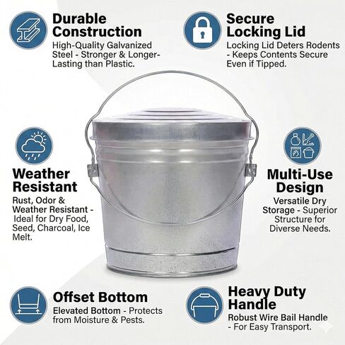 6 Gallon Galvanized Steel Storage Can with Locking Lid – Heavy Duty Metal Pail for Pet Food, Bird Seed, Ash & Charcoal, Rust Resistant & Weatherproof Outdoor Bin in Kuwait