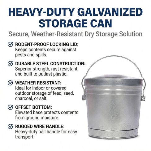 6 Gallon Galvanized Steel Storage Can with Locking Lid – Heavy Duty Metal Pail for Pet Food, Bird Seed, Ash & Charcoal, Rust Resistant & Weatherproof Outdoor Bin in Kuwait