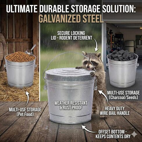 6 Gallon Galvanized Steel Storage Can with Locking Lid – Heavy Duty Metal Pail for Pet Food, Bird Seed, Ash & Charcoal, Rust Resistant & Weatherproof Outdoor Bin in Kuwait