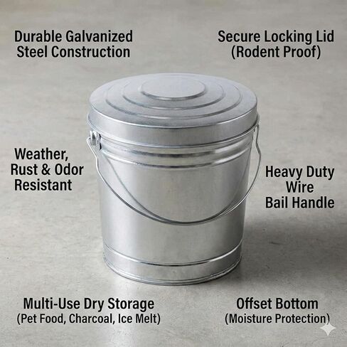 6 Gallon Galvanized Steel Storage Can with Locking Lid – Heavy Duty Metal Pail for Pet Food, Bird Seed, Ash & Charcoal, Rust Resistant & Weatherproof Outdoor Bin in Kuwait
