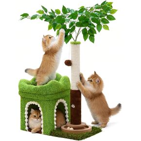 شجرة قطط صغيرة من Woochpet مع عمود خدش ومسار كروي، برج قطط أخضر بأوراق نابضة بالحياة للقطط الصغيرة والقطط الصغيرة، مسكن للقطط ببابين وألعاب تفاعلية للقطط للقطط الداخلية in Kuwait