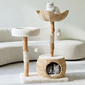 Leo & Lexi Modern Cat Tree Tower with Cave, Real Wood Cat Scratching Post with Bed for Indoor Cats Large Adult, Solid Wooden Climbing Tower, Cute Condo, Aesthetic Stand, Boho Luxury Pet Furniture in Saudi Arabia