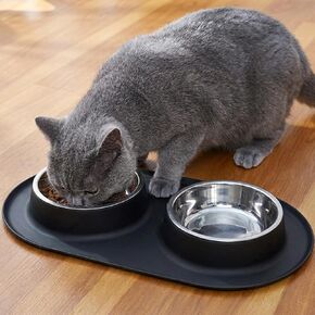 Double Stainless Steel Cat Food Bowls with Non-Slip Silicone Mat, Double Pet Feeder for Food & Water, Spill Proof Cat Dish Set for Small Medium Dogs & Cats, 1.5 Cups Each Bowl, Black Mediun in Saudi Arabia
