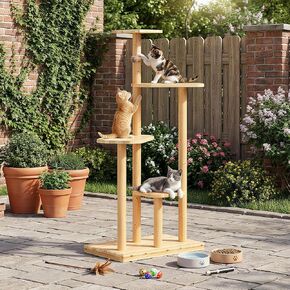 60" Tall Outdoor Cat Tree, Cat Tower Weatherproof for Patio,Garden,Balcony, Durable 4-Tier Natural Wood w/Scratching Posts for Multiple Cats,Outside&Indoor Adult Cats and Kittens Play, Climbing in Saudi Arabia