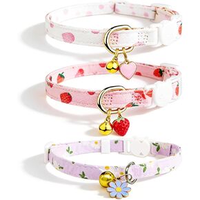 3 Pack Pink Cotton Cat Collar Breakaway, Kitten Collar with Bell Strawberries and White Heart Shaped Cute Cat Collars for Girl Cats (Pink) in Kuwait