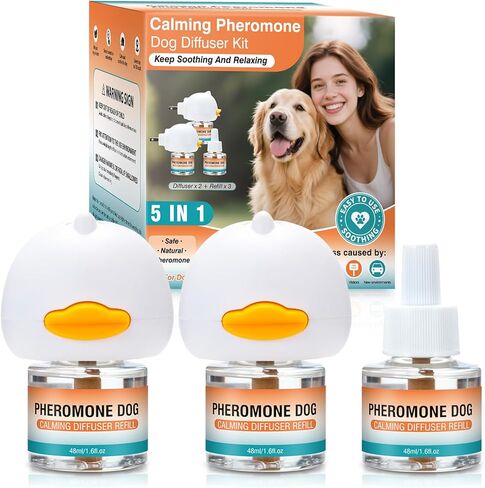 Dog Calming Pheromones Diffuser to Calm Pet 5 in 1 Advanced Kit (2 Plug in+3 Pack 48ml Refill) Appeasing Pheromone Diffuser for Anxiety ReliefReduce Aggression Fighting Barking Stress in Kuwait