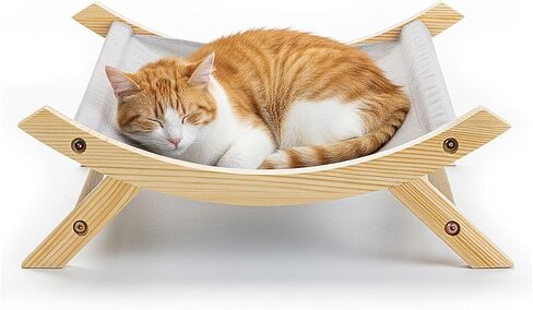 CallieCo Wooden Cat Hammock Bed, Modern Elevated Pet Lounger with Premium Wooden Frame & Breathable Fabric, Stylish Indoor & Outdoor Cat Bed for Cats & Small Dogs - Gray in Kuwait