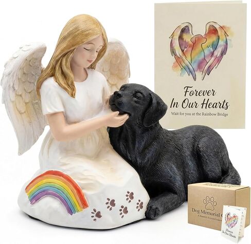 Pet Memorial Angel Statue for Dog Loss, Black Lab Rainbow Bridge Figurine, Angel Girl Holding Dog Sympathy Gift, Dog Remembrance Gift with Gift Box & Card for Women Men in Saudi Arabia