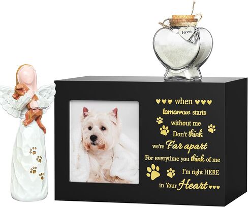 Pet Memorial Urn with Photo Frame, 110 Cubic Inches Wooden Pet Cremation Urn for Dogs & Cats, Sympathy Gift Set with Angel Figurine, Fur Keepsake Bottle & Ashes Bag in Kuwait