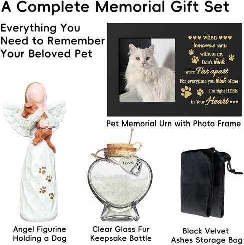 Pet Memorial Urn with Photo Frame, 110 Cubic Inches Wooden Pet Cremation Urn for Dogs & Cats, Sympathy Gift Set with Angel Figurine, Fur Keepsake Bottle & Ashes Bag in Kuwait
