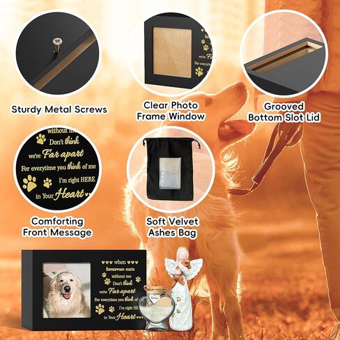 Pet Memorial Urn with Photo Frame, 110 Cubic Inches Wooden Pet Cremation Urn for Dogs & Cats, Sympathy Gift Set with Angel Figurine, Fur Keepsake Bottle & Ashes Bag in Kuwait