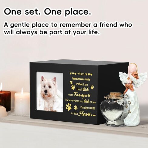 Pet Memorial Urn with Photo Frame, 110 Cubic Inches Wooden Pet Cremation Urn for Dogs & Cats, Sympathy Gift Set with Angel Figurine, Fur Keepsake Bottle & Ashes Bag in Kuwait