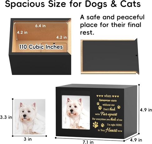 Pet Memorial Urn with Photo Frame, 110 Cubic Inches Wooden Pet Cremation Urn for Dogs & Cats, Sympathy Gift Set with Angel Figurine, Fur Keepsake Bottle & Ashes Bag in Kuwait