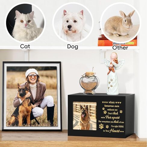 Pet Memorial Urn with Photo Frame, 110 Cubic Inches Wooden Pet Cremation Urn for Dogs & Cats, Sympathy Gift Set with Angel Figurine, Fur Keepsake Bottle & Ashes Bag in Kuwait