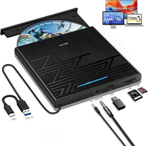 محرك أقراص بلو راي خارجي من NOLYTH، رفيع للغاية بسمك 0.7 بوصة USB 3.0/USB C RW محركات أقراص بلو راي رفيعة مشغل بلو راي مع منافذ SD/TF/2 USB محرك أقراص Blueray/DVD لأجهزة الكمبيوتر المحمول وأجهزة الكمبيوتر المكتبية وأجهزة Mac Windows Linux in Saudi Arabia