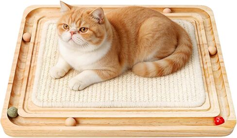 Cat Scratching Pad with Ball Track Toy Interactive Cat Scratcher Board with Rolling Balls Natural Wood Sisal Cat Scratch Pad for Indoor Cats in Kuwait