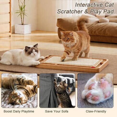 Cat Scratching Pad with Ball Track Toy Interactive Cat Scratcher Board with Rolling Balls Natural Wood Sisal Cat Scratch Pad for Indoor Cats in Kuwait