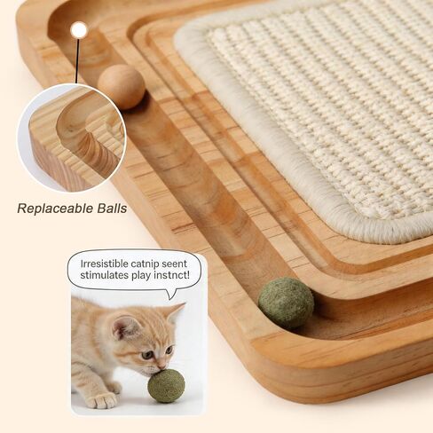 Cat Scratching Pad with Ball Track Toy Interactive Cat Scratcher Board with Rolling Balls Natural Wood Sisal Cat Scratch Pad for Indoor Cats in Kuwait