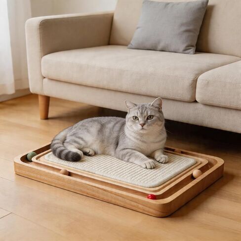 Cat Scratching Pad with Ball Track Toy Interactive Cat Scratcher Board with Rolling Balls Natural Wood Sisal Cat Scratch Pad for Indoor Cats in Kuwait