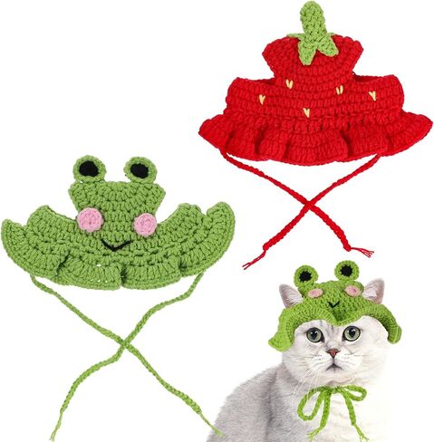 2Pcs Crochet Cat Hats Cotton & Soft Cute Cat Bonnet Flowers Knitted Hats for Cats Puppy Christmas Halloween Holiday Party Birthday Party Small Pets(Pink, Yellow) in Kuwait