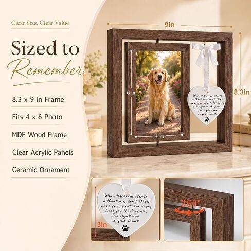 Pet Memorial Gifts with Ceramic Heart Keepsake, “When Tomorrow Starts Without Me" Pet Loss Memorial Frame, Sympathy Gift for Loss of Dog or Cat, Rotating Picture Frame Bereavement Keepsake in Kuwait